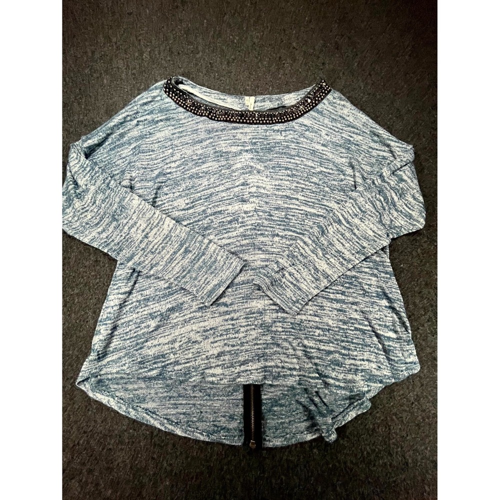 Studio Y Tunic Sweater Women's 2XL Blue Marled Beaded Boat Neck Back Zipper
